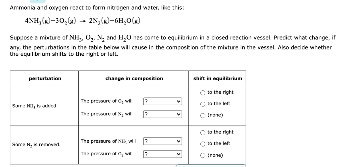 Ammonia and oxygen react to form nitrogen and water, like this:
4NH; (g)+30,(g)
2N,(g)+6H,0(g)
Suppose a mixture of NH3, O2, N, and H,O has come to equilibrium in a closed reaction vessel. Predict what change, if
any, the perturbations in the table below will cause in the composition of the mixture in the vessel. Also decide whether
the equilibrium shifts to the right or left.
perturbation
change in composition
shift in equilibrium
to the right
The pressure of O, will
to the left
Some NH, is added.
The pressure of N, will
(none)
to the right
The pressure of NH3 will
to the left
Some N, is removed.
The pressure of O2 will
?
O (none)
