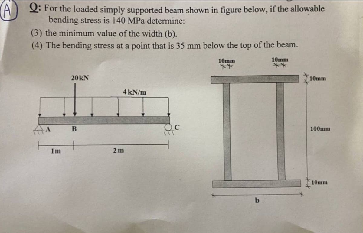 Q: For the loaded simply supported beam shown in figure below, if the allowable
bending stress is 140 MPa determine:
(3) the minimum value of the width (b).
(4) The bending stress at a point that is 35 mm below the top of the beam.
10mm
10mm
**
20KN
4 kN/m
B
1m
2m
Oc
b
**
10mm
100mm
10mm