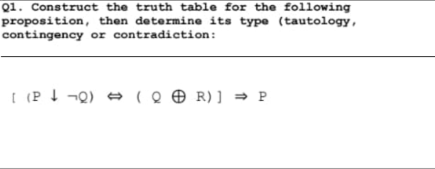 Q1. Construct the truth table for the following
proposition, then determine its type (tautology,
contingency or contradiction:
I (P 1 ¬Q) → ( Q ® R) ] → P
