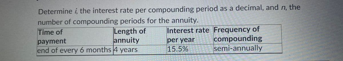 Determine i, the interest rate per compounding period as a decimal, and n, the
number of compounding periods for the annuity.
Time of
payment
end of every 6 months 4 years
Interest rate Frequency of
compounding
semi-annually
Length of
annuity
per year
15.5%

