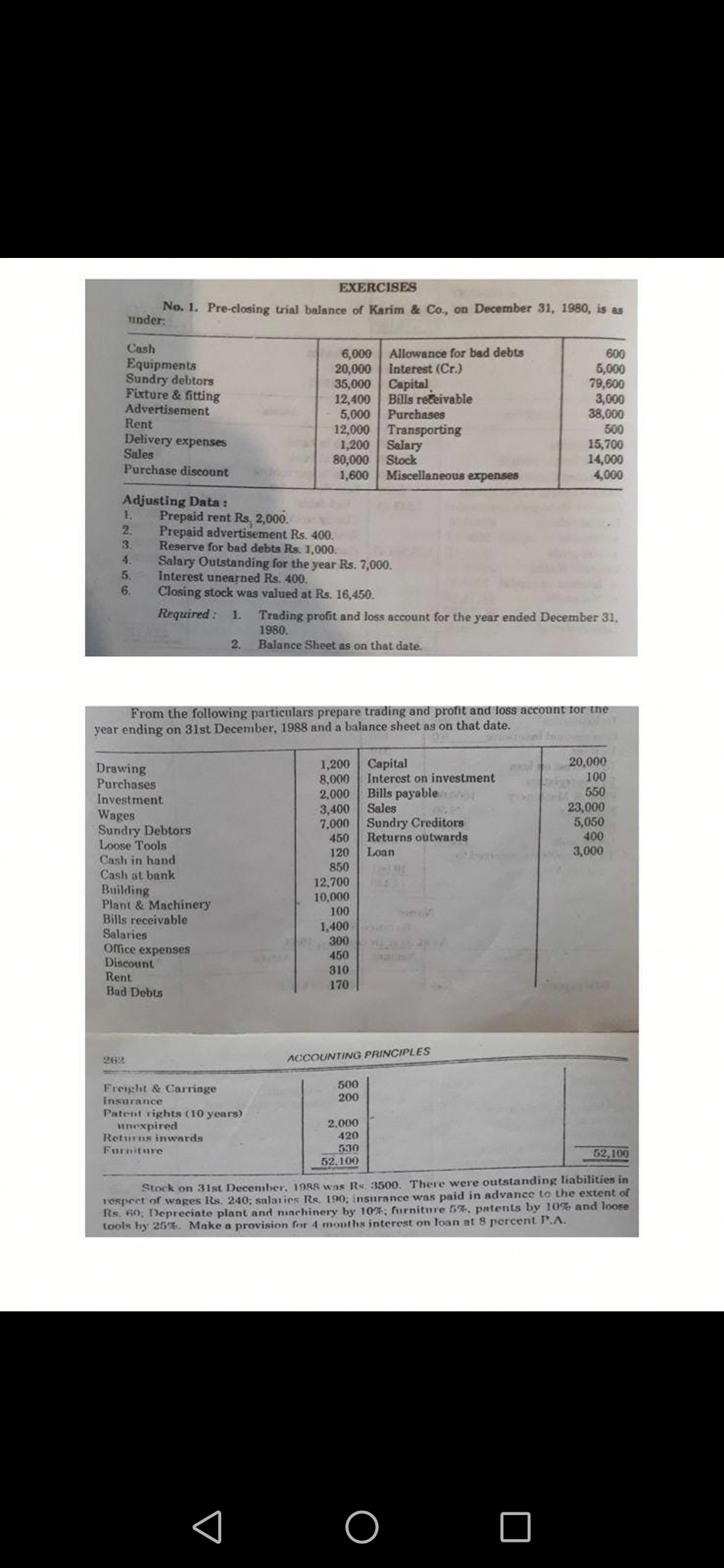 EXERCISES
No. 1. Pre-closing trial balance of Karim & Co., on December 31, 1980, is as
1under:
Cash
Allowance for bad debts
Interest (Cr.)
6,000
20,000
35,000 Capital
12,400
5,000
12,000
1,200
80,000
1,600
600
Equipments
Sundry debtors
Fixture & fitting
Advertisement
Rent
Delivery expenses
Sales
Purchase discount
Bills reteivable
Purchases
Transporting
Salary
Stock
Miscellaneous expenses
5,000
79,600
3,000
38,000
500
15,700
14,000
4,000
Adjusting Data :
1.
Prepaid rent Rs. 2,000.
Prepaid advertisement Rs. 400.
Reserve for bad debts Rs. 1,000.
Salary Outstanding for the year Rs. 7,000.
Interest unearned Rs. 400.
Closing stock was valued at Rs. 16,450.
2.
3.
4.
5.
6.
Required :
Trading profit and loss account for the year ended December 31,
1980.
2.
1.
Balance Sheet as on that date.
From the following particulars prepare trading and profit and loss account tor the
year ending on 31st December, 1988 and a balance sheet as on that date.
1,200 Capital
8,000
2,000
3,400
7,000
450
120
850
20,000
100
550
23,000
5,050
400
3,000
Drawing
Purchases
Investment
Interest on investment
Wages
Sundry Debtors
Loose Tools
Bills payable001
Sales
Sundry Creditors
Returns outwards
Loan
Cash in hand
Cash at bank
Building
Plant & Machinery
Bills receivable
Salaries
Office expenses
Discount
Rent
Bad Debts
12,700
10,000
100
1,400
300
450
310
170
262
ACCOUNTING PRINCIPLES
Freight & Carriage
Insurance
500
200
Patent rights (10 years)
unexpired
Returns inwards
Furniture
2,000
420
530
52.100
52,100
Stock on 31st December, 1988 was Rs. 3500. There were outstanding liabilities in
respect of wages Rs. 240; salaries Rs. 190; insurance was paid in advance to the extent of
Rs. 60, Depreciate plant and nachinery by 10%; furniture 5%, patents by 10% and loose
tools by 25%, Make a provision for 4 months interest on loan at 8 percent P.A.
1 o O
