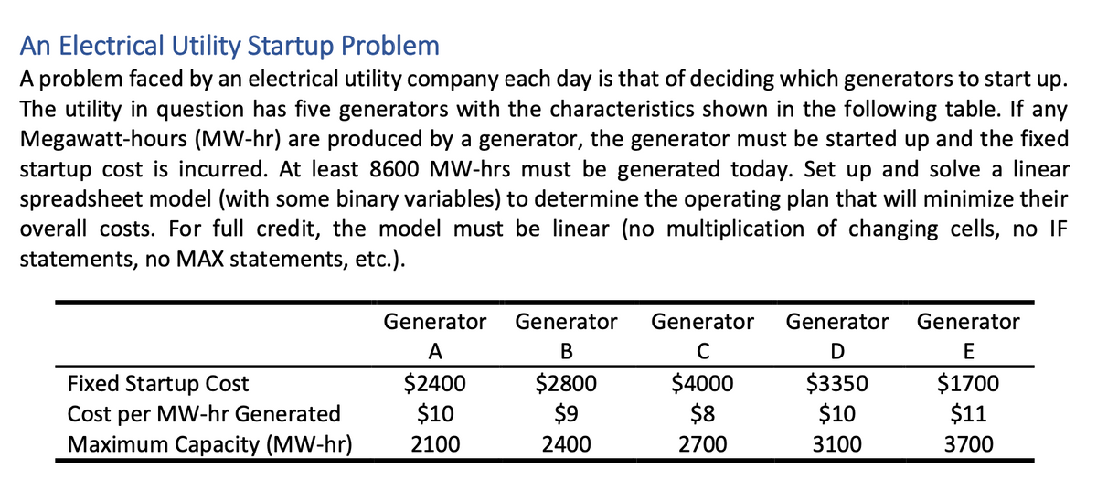 An Electrical Utility Startup Problem
A problem faced by an electrical utility company each day is that of deciding which generators to start up.
The utility in question has five generators with the characteristics shown in the following table. If any
Megawatt-hours (MW-hr) are produced by a generator, the generator must be started up and the fixed
startup cost is incurred. At least 8600 MW-hrs must be generated today. Set up and solve a linear
spreadsheet model (with some binary variables) to determine the operating plan that will minimize their
overall costs. For full credit, the model must be linear (no multiplication of changing cells, no IF
statements, no MAX statements, etc.).
Fixed Startup Cost
Cost per MW-hr Generated
Maximum Capacity (MW-hr)
Generator
A
$2400
$10
2100
Generator
B
$2800
$9
2400
Generator Generator
C
D
$4000
$3350
$8
$10
2700
3100
Generator
E
$1700
$11
3700