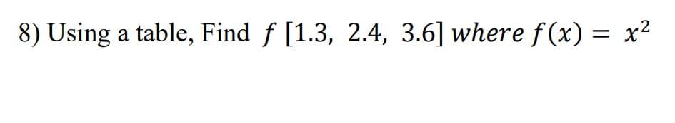 8) Using a table, Find f [1.3, 2.4, 3.6] where f (x) = x²
