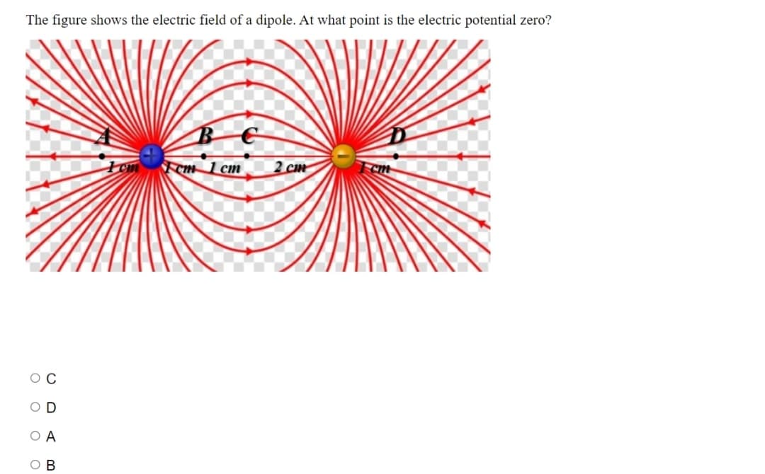 The figure shows the electric field of a dipole. At what point is the electric potential zero?
OC
OD
O A
OB
Fem 1 cm
2 cm
cm