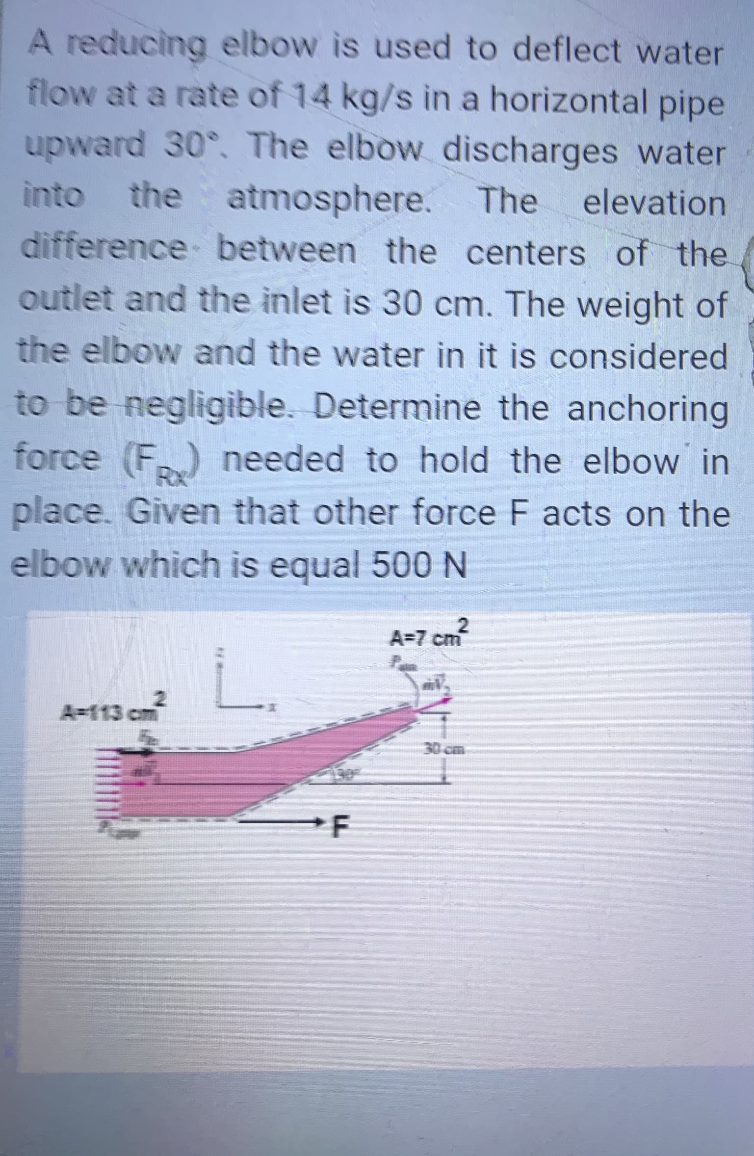 A reducing elbow is used to deflect water
flow at a rate of 14 kg/s in a horizontal pipe
upward 30°. The elbow discharges water
into the
atmosphere. The
difference between the centers of the
outlet and the inlet is 30 cm. The weight of
elevation
the elbow and the water in it is considered
to be negligible. Determine the anchoring
force (F) needed to hold the elbow in
Rx
place. Given that other force F acts on the
elbow which is equal 500 N
A=7 cm
2.
A-113 cm
30 cm
