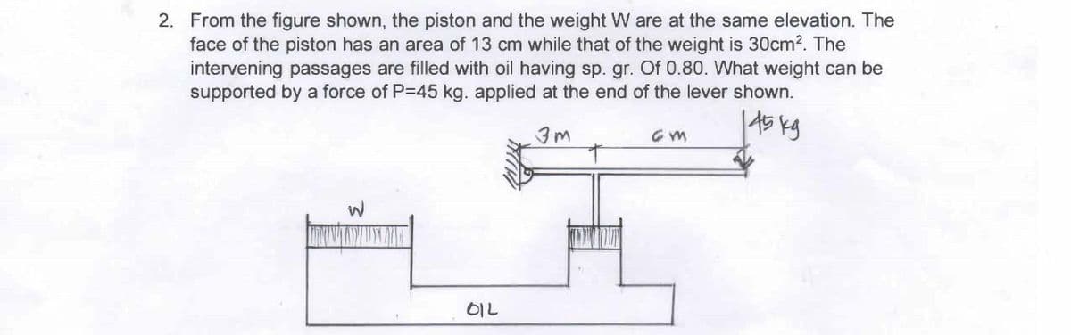 2. From the figure shown, the piston and the weight W are at the same elevation. The
face of the piston has an area of 13 cm while that of the weight is 30cm². The
intervening passages are filled with oil having sp. gr. Of 0.80. What weight can be
supported by a force of P=45 kg. applied at the end of the lever shown.
145 kg
3m
W
OIL
Gm