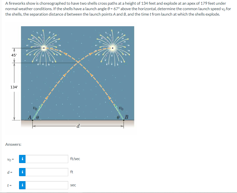 A fireworks show is choreographed to have two shells cross paths at a height of 134 feet and explode at an apex of 179 feet under
normal weather conditions. If the shells have a launch angle 0 = 67° above the horizontal, determine the common launch speed vo for
the shells, the separation distance d between the launch points A and B, and the time t from launch at which the shells explode.
45'
134'
Uo
A/e
Answers:
Vo =
i
ft/sec
d =
i
ft
t =
sec
