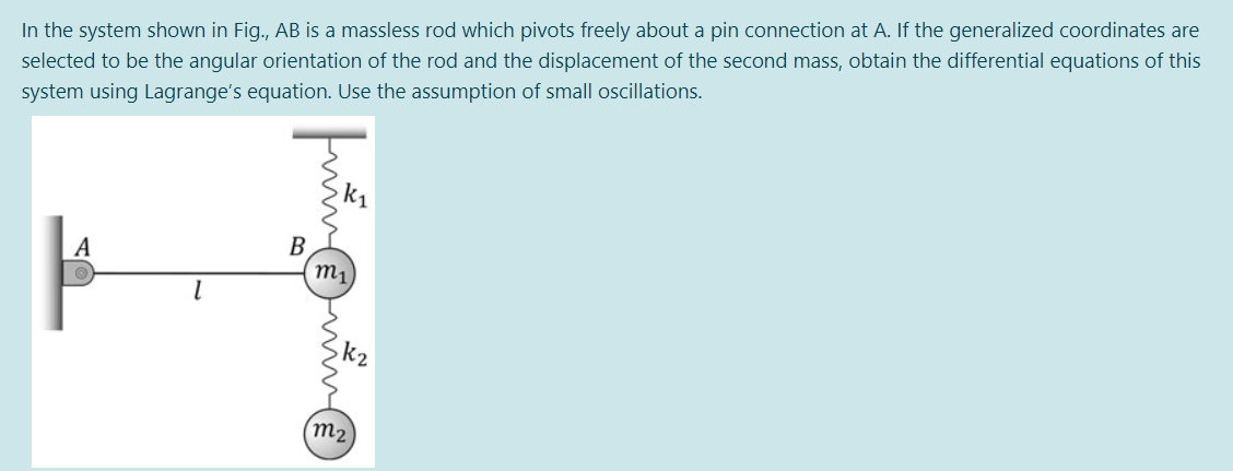 In the system shown in Fig., AB is a massless rod which pivots freely about a pin connection at A. If the generalized coordinates are
selected to be the angular orientation of the rod and the displacement of the second mass, obtain the differential equations of this
system using Lagrange's equation. Use the assumption of small oscillations.
B.
m1
A
k2
m2
