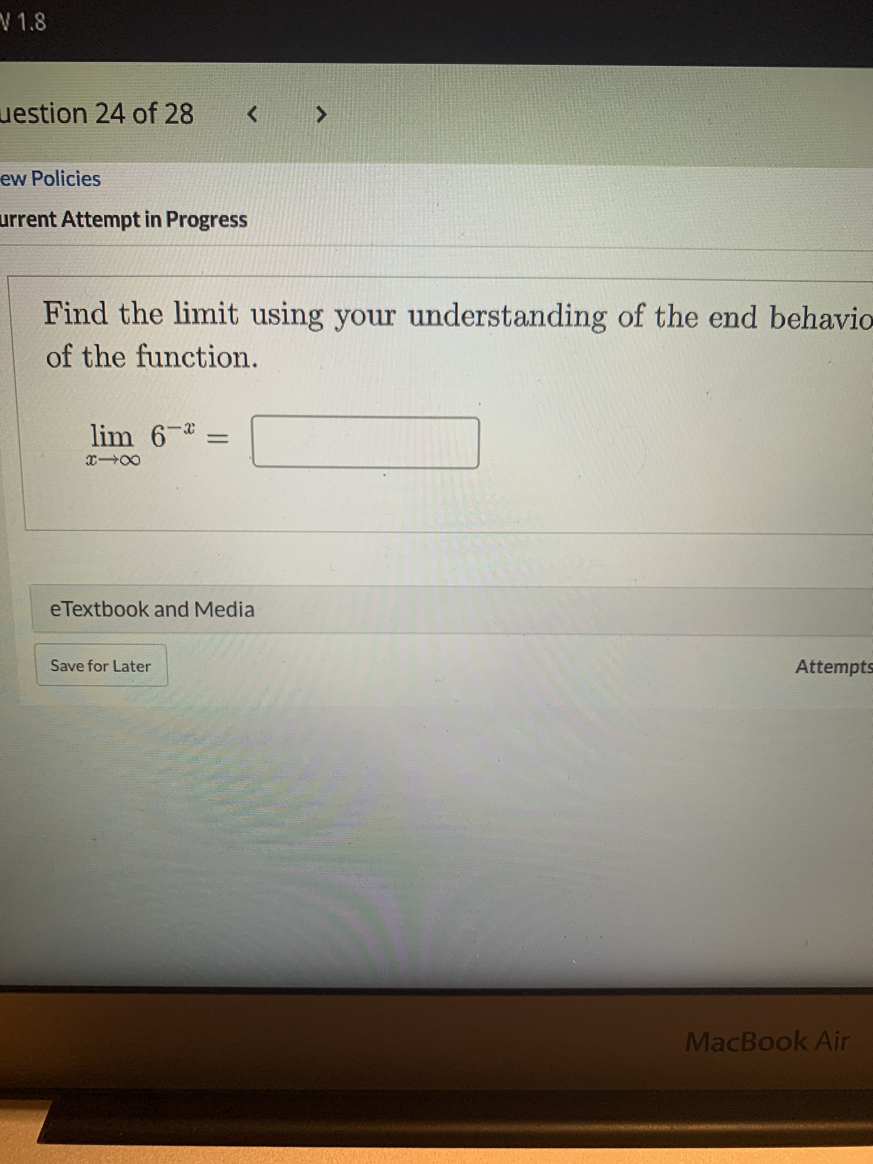 Find the limit using your understanding of the end behavi
of the function.
lim 6-x
%3D
