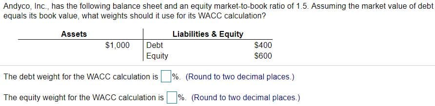 Andyco, Inc., has the following balance sheet and an equity market-to-book ratio of 1.5. Assuming the market value of debt
equals its book value, what weights should it use for its WACC calculation?
Assets
Liabilities & Equity
$1,000
Debt
$400
Equity
$600
The debt weight for the WACC calculation is
%. (Round to two decimal places.)
The equity weight for the WACC calculation is
%. (Round to two decimal places.)
