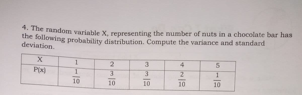 The random variable X, representing the number of nuts in a chocolate bar has
he following probability distribution. Compute the variance and standard
deviation.
1.
1
P(x)
10
10
10
10
42一0
3/3
