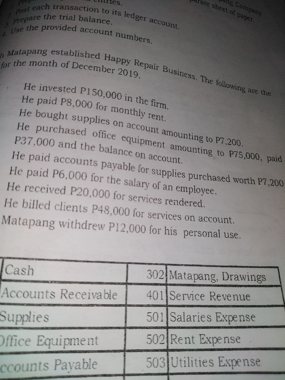 g Company
ate sheet of paper.
3. Prepare the trial balance.
Matapang established Happy Repair Business. The following are the
es.
Post each transaction to its ledger account.
He bought supplies on account amounting to P7,200.
He purchased office equipment amounting to P75,000, paid
He invested P150,000 in the firm.
4. Use the provided account numbers.
for the month of December 2019.
He paid P8,000 for monthly rent.
the trial balance.
Prepare
the provided account numbers
2.
3.
He invested P150,000 in the firm
He bought supplies on account amounting to P7,200.
P37.000 and the balance on account.
He paid accounts payable for supplies purchased worth P7,200
He paid P6,000 for the salary of an employee.
He received P20,000 for services rendered.
He billed clients P48,000 for services on account.
Matapang withdrew P12,000 for his personal use.
Cash
302 Matapang, Drawings
401 Service Revenue
Accounts Receivable
501 Salaries Expe nse
Supplies
502 Rent Expense
Office Equipment
503 Utilities Expense
ccounts Payable
