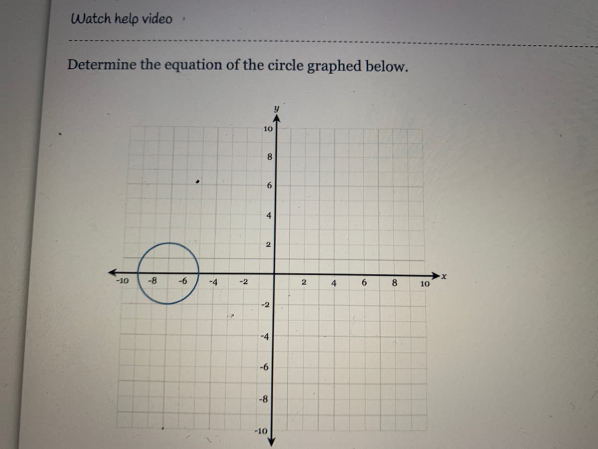 Watch help video
Determine the equation of the circle graphed below.
10
8
4
-10
-8
-6
-4
-2
4.
6
8
10
-2
-4
-6
-8
-10

