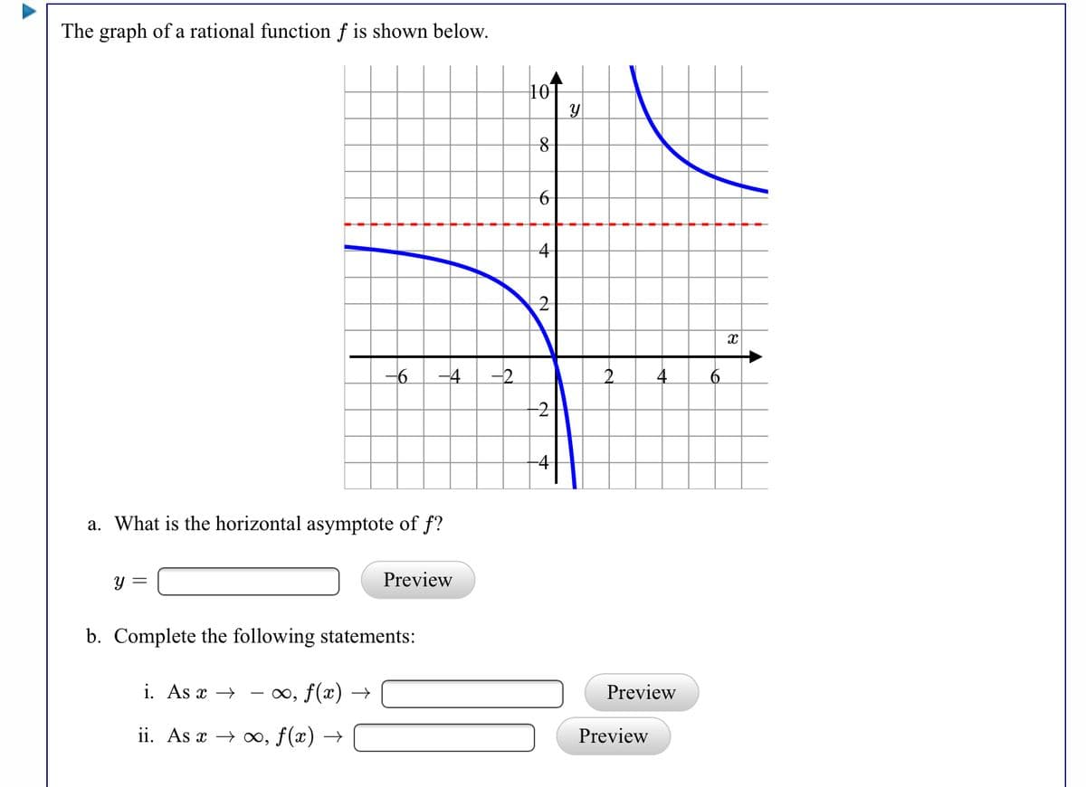 The graph of a rational function f is shown below.
10
-4
-2
4
6
-2
a. What is the horizontal asymptote of f?
y =
Preview
b. Complete the following statements:
i. As x →
0o, f(x)
Preview
ii. As x → ∞, f(x) →
Preview
to
4+
4.
