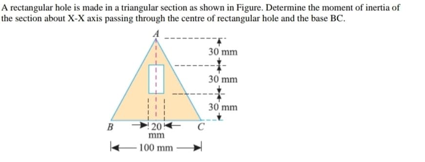 A rectangular hole is made in a triangular section as shown in Figure. Determine the moment of inertia of
the section about X-X axis passing through the centre of rectangular hole and the base BC.
30 mm
30 mm
30 mm
B
! 20!
C
mm
100 mm
