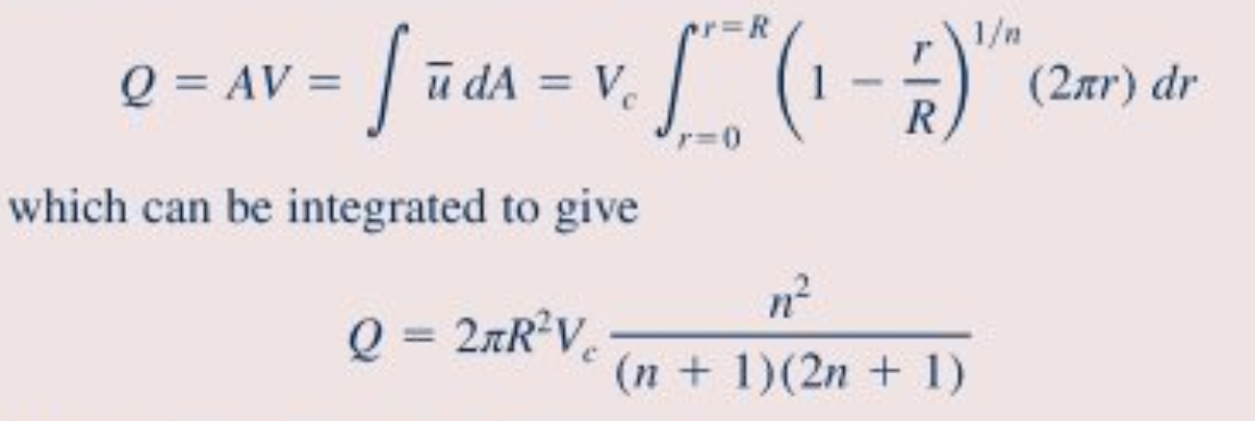 v = f ūd²
which can be integrated to give
Q = 2лR²V₂
Q = AV =
ūdA = V₁
(-)
r=R
n²
(n + 1)(2n + 1)
1/n
(2лr) dr