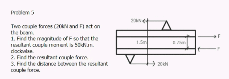 Problem 5
20kN.
Two couple forces (20kN and F) act on
the beam.
1. Find the magnitude of F so that the
resultant couple moment is 50kN.m.
clockwise.
F
1.5m
0.75m
-F
2. Find the resultant couple force.
3. Find the distance between the resultant
couple force.
20kN
