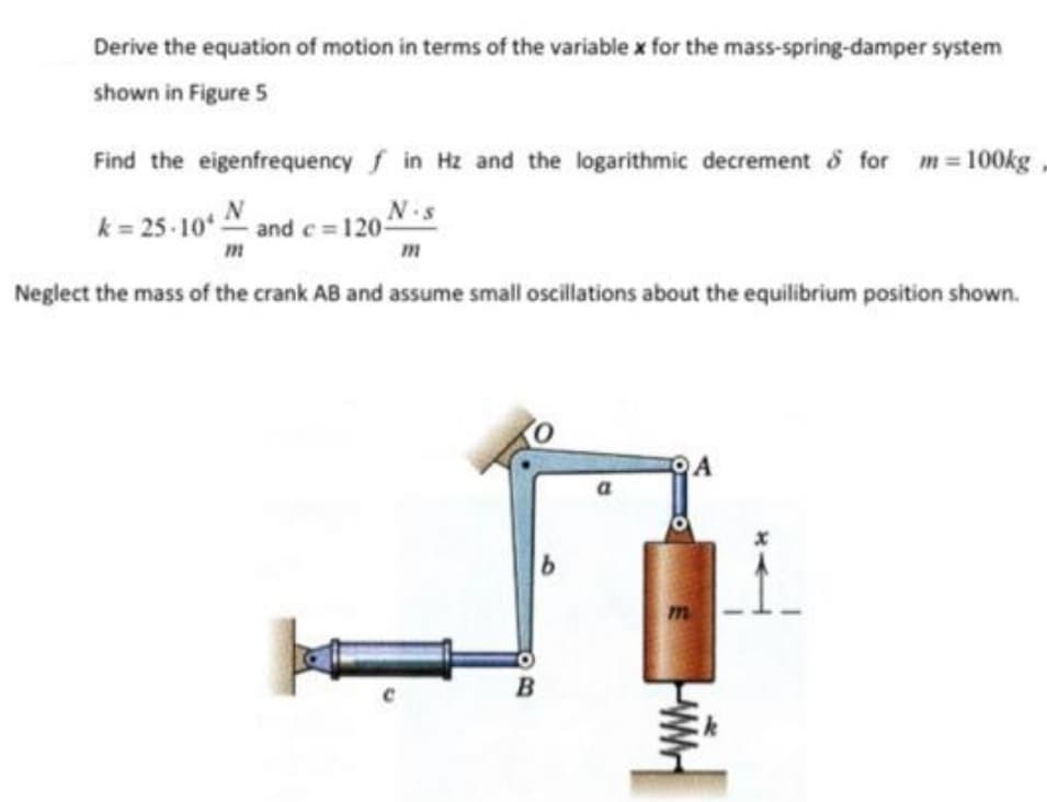 Derive the equation of motion in terms of the variable x for the mass-spring-damper system
shown in Figure 5
Find the eigenfrequency f in Hz and the logarithmic decrement o for m = 100kg
k= 25-10 and c= 120-
N.s
m
m
Neglect the mass of the crank AB and assume small oscillations about the equilibrium position shown.
A
a
B
