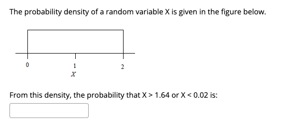 The probability density of a random variable X is given in the figure below.
1
2
From this density, the probability that X> 1.64 or X < 0.02 is:
