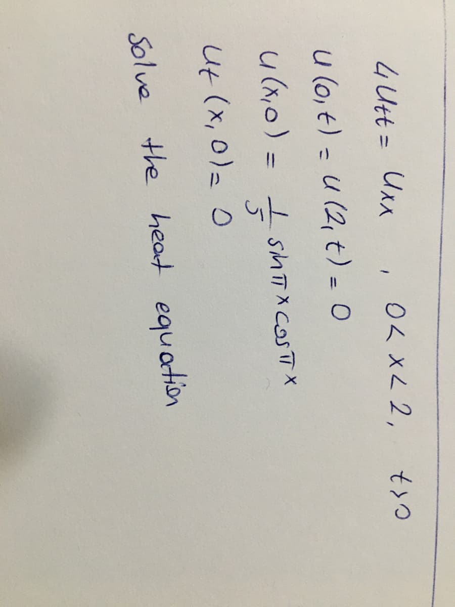 OL XL 2,
4 Utt = Uxx
U (0₁ t) = u(2₁ t) = 0
u (x₁0) = //
I SMTTX COSTTX
5
ut (x,0) = 0
Solve the heat equation
tro