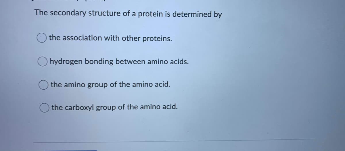 The secondary structure of a protein is determined by
the association with other proteins.
O hydrogen bonding between amino acids.
the amino group of the amino acid.
the carboxyl group of the amino acid.
