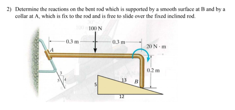 2) Determine the reactions on the bent rod which is supported by a smooth surface at B and by a
collar at A, which is fix to the rod and is free to slide over the fixed inclined rod.
100 100 N
0.3 m
0.3 m-
20 N m
0.2 m
3
13
В
12
