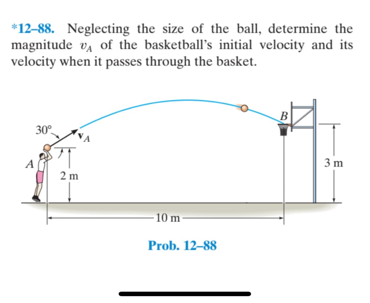 *12–88. Neglecting the size of the ball, determine the
magnitude va of the basketball's initial velocity and its
velocity when it passes through the basket.
В
30°
A
3 m
2 m
- 10 m
Prob. 12–88

