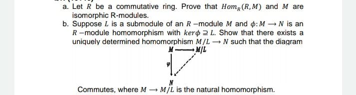 Let R be a commutative ring. Prove that HO.R (R, M) and M are
isomorphic R-modules.

