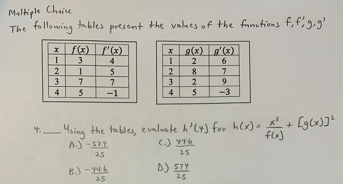 Multiple Choice
The
following tables present the values of the functions f, f, g, g'
X
f(x) ƒ'(x)
X
g(x) g'(x)
1
3
4
1
6
2
1
5
2
7
3
7
7
3
9
4
5
-1
4
-3
Using the tables, evaluate h'(4) for h(x) =
x³ + [g(x)] ²
f(x)
A.) -574
(.) 446
25
25
B.) - 446
D.) 574
25
25
2825