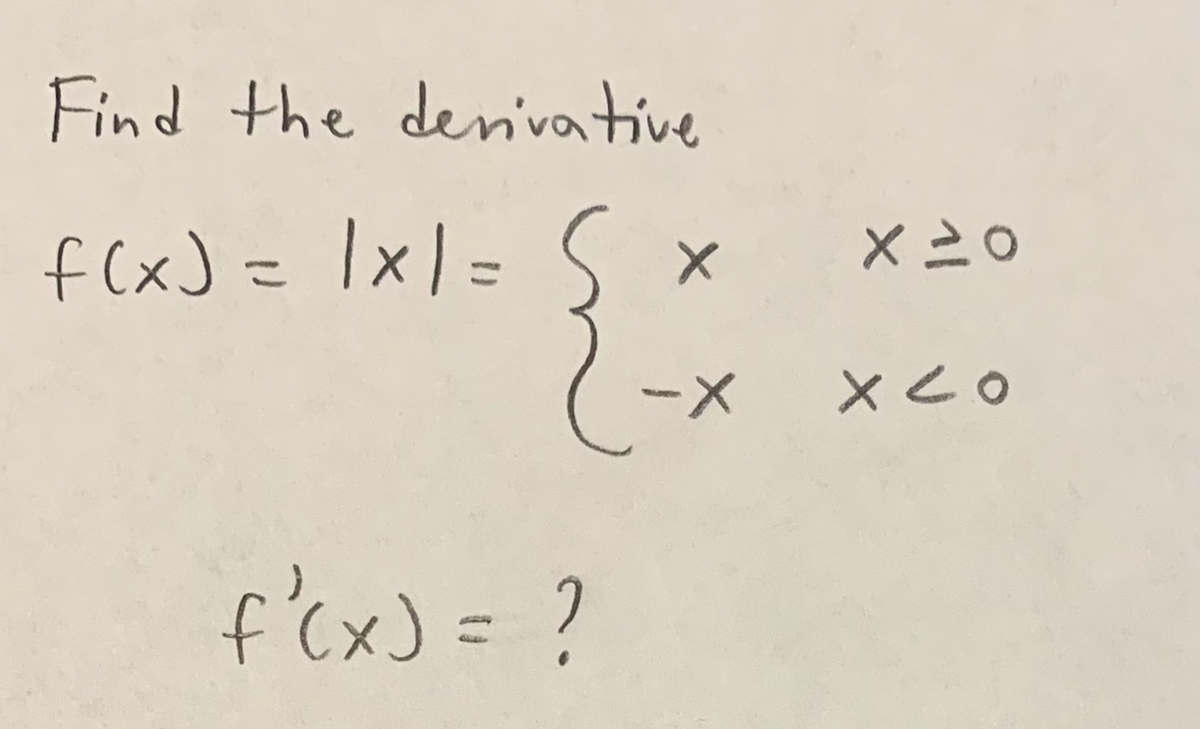 Find the derivative
f(x) = 1x1 = S
f'(x) = ?
X
-X
×20
хео