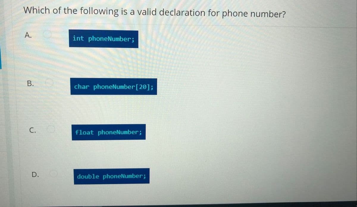 Which of the following is a valid declaration for phone number?
А.
int phoneNumber;
char phoneNumber[20];
C. O
float phoneNumber;
D.
double phoneNumber;
B.
