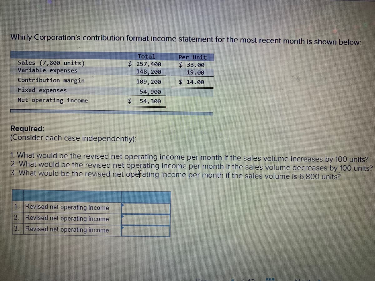 Whirly Corporation's contribution format income statement for the most recent month is shown below:
Total
Per Unit
Sales (7,800 units)
Variable expenses
$ 257,400
148,200
$ 33.00
19.00
Contribution margin
109, 200
$ 14.00
Fixed expenses
54,900
Net operating income
$
54,300
Required:
(Consider each case independently):
1. What would be the revised net operating income per month if the sales volume increases by 100 units?
2. What would be the revised net operating income per month if the sales volume decreases by 100 units?
3. What would be the revised net operating income per month if the sales volume is 6,800 units?
1.
Revised net operating income
2. Revised net operating income
3.
Revised net operating income
