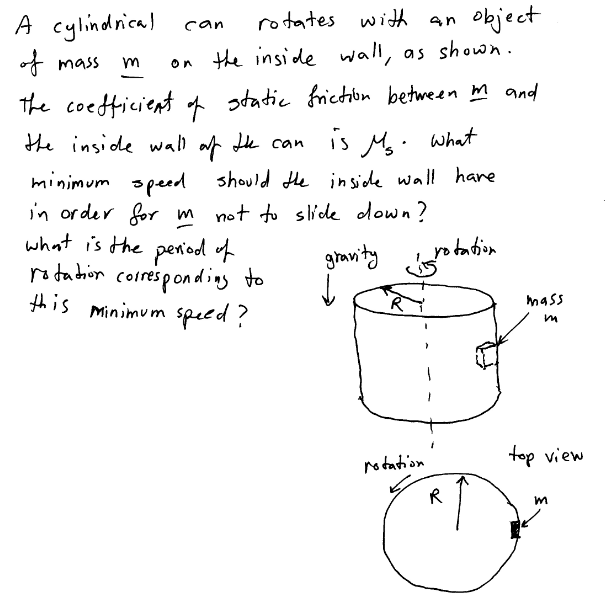 A cylindrical
rotates
with an okject
can
of mass
on the inside wall, as shown.
the coefficient of static frietibn between m and
is M. what
the inside wall af Le can
minimum speed should He inside wall hare
in order for m not to slide down?
what is the penod of
rotadion
this Minimum speed?
grawity
ro tation
corresponding to
mass
top view
rotation
R
