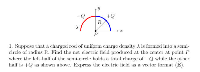 +Q
R
1. Suppose that a charged rod of uniform charge density A is formed into a semi-
circle of radius R. Find the net electric field produced at the center at point P
where the left half of the semi-circle holds a total charge of -Q whilc the other
half is +Q as shown above. Express the clectric ficld as a vector format (E).
