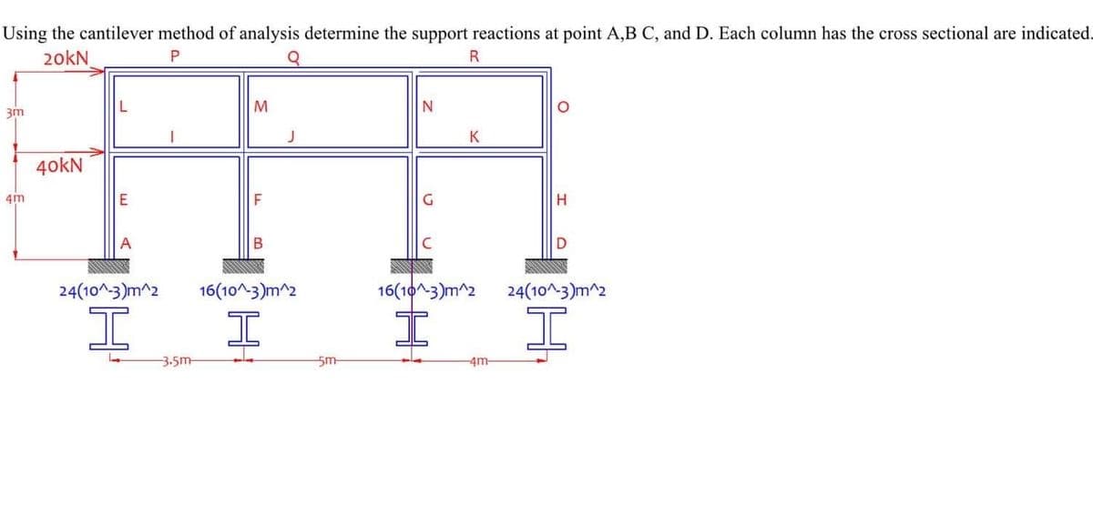 Using the cantilever method of analysis determine the support reactions at point A,B C, and D. Each column has the cross sectional are indicated.
20kN
R
L
M
3m
K
4okN
4m
F
A
24(10^-3)m^2
16(10^3)m^2
16(10^3)m^2
24(10^-3)m^2
-3.5m-
5m-
4m-
