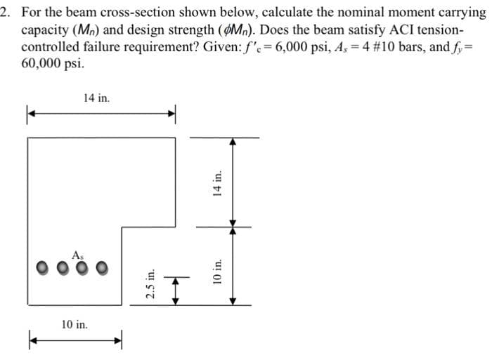 2. For the beam cross-section shown below, calculate the nominal moment carrying
capacity (Mn) and design strength (ØMn). Does the beam satisfy ACI tension-
controlled failure requirement? Given: f'.= 6,000 psi, A, = 4 #10 bars, and fy=
60,000 psi.
14 in.
As
10 in.
2.5 in.
10 in.
14 in.
