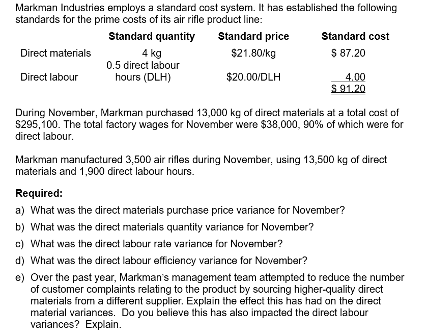 Markman Industries employs a standard cost system. It has established the following
standards for the prime costs of its air rifle product line:
Standard quantity
Standard price
Standard cost
Direct materials
$21.80/kg
$ 87.20
4 kg
0.5 direct labour
Direct labour
hours (DLH)
$20.00/DLH
4.00
$ 91.20
During November, Markman purchased 13,000 kg of direct materials at a total cost of
$295,100. The total factory wages for November were $38,000, 90% of which were for
direct labour.
Markman manufactured 3,500 air rifles during November, using 13,500 kg of direct
materials and 1,900 direct labour hours.
Required:
a) What was the direct materials purchase price variance for November?
b) What was the direct materials quantity variance for November?
c) What was the direct labour rate variance for November?
d) What was the direct labour efficiency variance for November?
e) Over the past year, Markman's management team attempted to reduce the number
of customer complaints relating to the product by sourcing higher-quality direct
materials from a different supplier. Explain the effect this has had on the direct
material variances. Do you believe this has also impacted the direct labour
variances? Explain.
