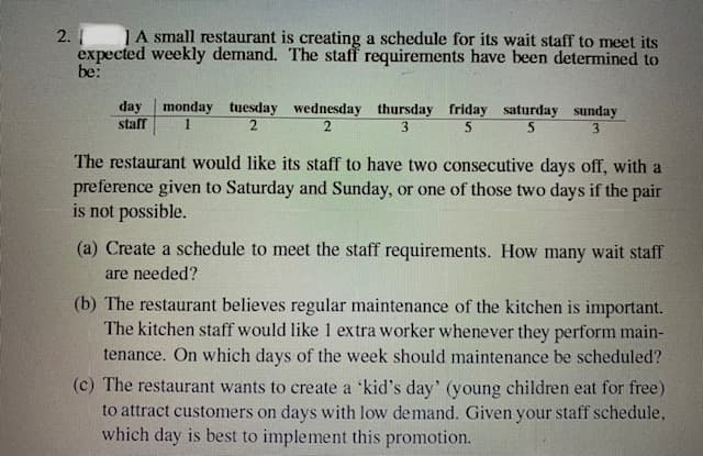 2. A small restaurant is creating a schedule for its wait staff to meet its
expected weekly demand. The staff requirements have been determined to
be:
day
monday tuesday wednesday thursday friday saturday sunday
1
staff
3.
3.
The restaurant would like its staff to have two consecutive days off, with a
preference given to Saturday and Sunday, or one of those two days if the pair
is not possible.
(a) Create a schedule to meet the staff requirements. How many wait staff
are needed?
(b) The restaurant believes regular maintenance of the kitchen is important.
The kitchen staff would like 1 extra worker whenever they perform main-
tenance. On which days of the week should maintenance be scheduled?
(c) The restaurant wants to create a 'kid's day' (young children eat for free)
to attract customers on days with low demand. Given your staff schedule,
which day is best to implement this promotion.
