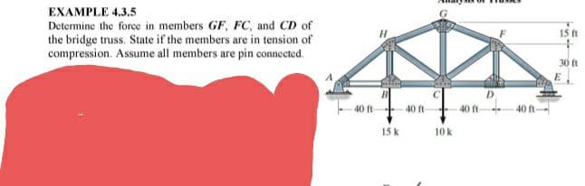 EXAMPLE 4.3.5
Determine the force in members GF, FC, and CD of
the bridge truss. State if the members are in tension of
compression. Assume all members are pin connected.
15 ft
30 ft
40 ft
40 ft
15 k
10 k

