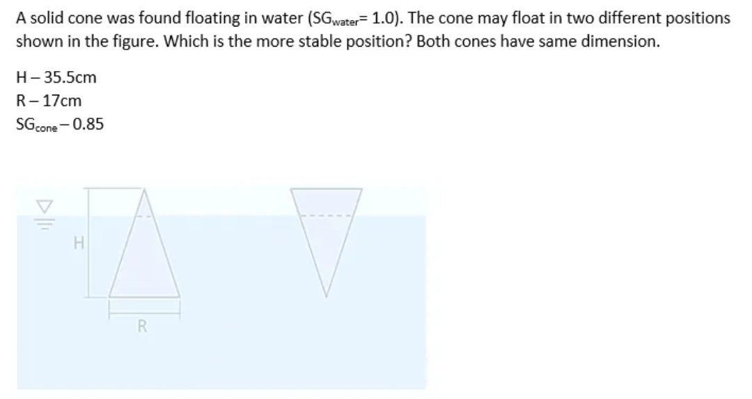 A solid cone was found floating in water (SGwater= 1.0). The cone may float in two different positions
shown in the figure. Which is the more stable position? Both cones have same dimension.
H- 35.5cm
R- 17cm
SGcone - 0.85
H.
R
