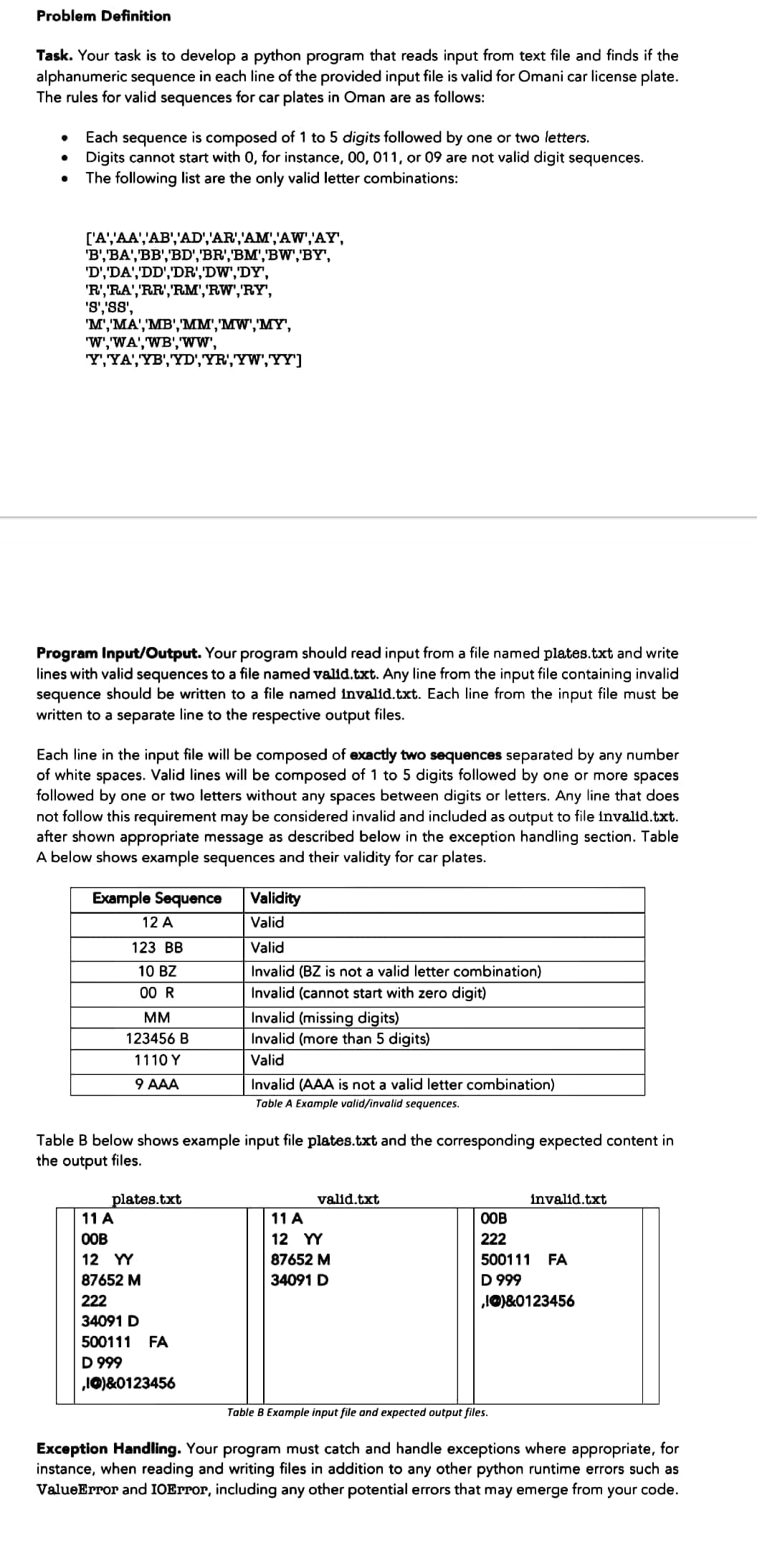 Problem Definition
Task. Your task is to develop a python program that reads input from text file and finds if the
alphanumeric sequence in each line of the provided input file is valid for Omani car license plate.
The rules for valid sequences for car plates in Oman are as follows:
Each sequence is composed of 1 to 5 digits followed by one or two letters.
Digits cannot start with 0, for instance, 00, 011, or 09 are not valid digit sequences.
The following list are the only valid letter combinations:
['A','AA','AB','AD','AR','AM','AW",'AY"',
'B', BA','BB','BD',"BR','BM',"BW',"BY',
'D','DA','DD','DR','DW','DY',
'R','RA','RR','RM','RW','RY',
'S','SS',
'M','MA','MB','MM','MW','MY",
"W',"WA',WB',"wW',
Y,YA','YB','YD','YR','YW',YY]
Program Input/Output. Your program should read input from a file named plates.txt and write
lines with valid sequences to a file named valid.txt. Any line from the input file containing invalid
sequence should be written to a file named invalid.txt. Each line from the input file must be
written to a separate line to the respective output files.
Each line in the input file will be composed of exactly two sequences separated by any number
of white spaces. Valid lines will be composed of 1 to 5 digits followed by one or more spaces
followed by one or two letters without any spaces between digits or letters. Any line that does
not follow this requirement may be considered invalid and included as output to file invalid.txt.
after shown appropriate message as described below in the exception handling section. Table
A below shows example sequences and their validity for car plates.
Example Sequence
Validity
12 A
Valid
123 BB
Valid
10 BZ
Invalid (BZ is not a valid letter combination)
00 R
Invalid (cannot start with zero digit)
Invalid (missing digits)
Invalid (more than 5 digits)
MM
123456 B
1110 Y
Valid
9 AAA
Invalid (AAA is not a valid letter combination)
Table A Example valid/invalid sequences.
Table B below shows example input file plates.txt and the corresponding expected content in
the output files.
plates.txt
11 A
valid.txt
invalid.txt
11 A
OOB
OOB
12 YY
222
12 YY
87652 M
500111 FA
D 999
„IO)&0123456
87652 M
34091 D
222
34091 D
500111
FA
D 999
„10)&0123456
Table B Example input file and expected output files.
Exception Handling. Your program must catch and handle exceptions where appropriate, for
instance, when reading and writing files in addition to any other python runtime errors such as
ValueError and IOError, including any other potential errors that may emerge from your code.
