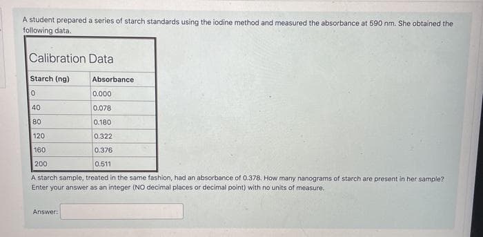 A student prepared a series of starch standards using the iodine method and measured the absorbance at 590 nm. She obtained the
following data.
Calibration Data
Starch (ng)
Absorbance
0.000
40
0.078
80
0.180
120
0.322
160
0.376
200
0.511
A starch sample, treated in the same fashion, had an absorbance of 0.378. How many nanograms of starch are present in her sample?
Enter your answer as an integer (NO decimal places or decimal point) with no units of measure.
Answer:
