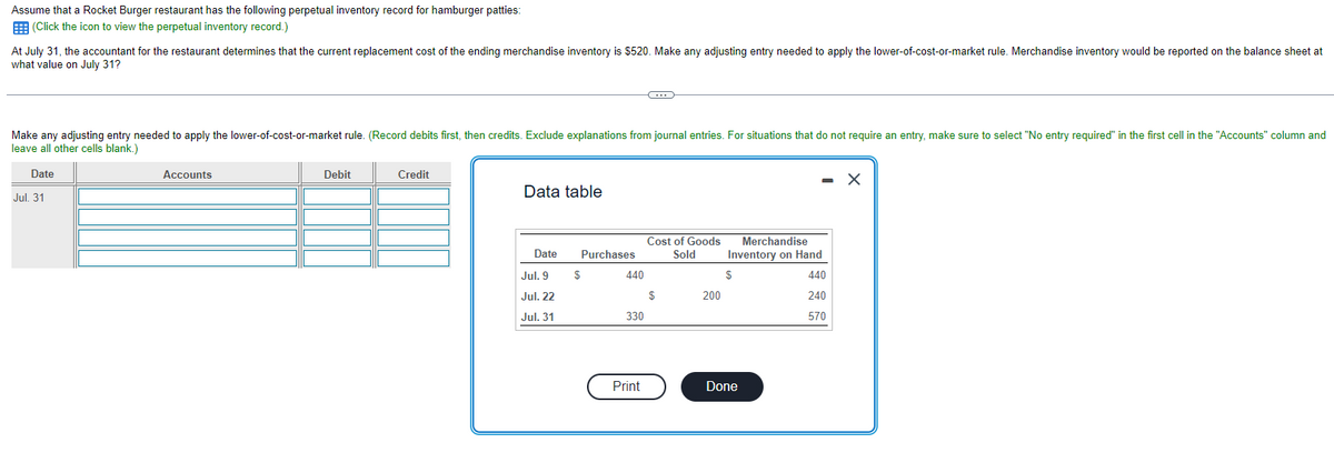 Assume that a Rocket Burger restaurant has the following perpetual inventory record for hamburger patties:
(Click the icon to view the perpetual inventory record.)
At July 31, the accountant for the restaurant determines that the current replacement cost of the ending merchandise inventory is $520. Make any adjusting entry needed to apply the lower-of-cost-or-market rule. Merchandise inventory would be reported on the balance sheet at
what value on July 31?
Make any adjusting entry needed to apply the lower-of-cost-or-market rule. (Record debits first, then credits. Exclude explanations from journal entries. For situations that do not require an entry, make sure to select "No entry required" in the first cell in the "Accounts" column and
leave all other cells blank.)
Date
Jul. 31
Accounts
Debit
Credit
Data table
Date
Jul. 9
Jul. 22
Jul. 31
$
Purchases
440
330
C
Print
Cost of Goods
Sold
$
200
Merchandise
Inventory on Hand
440
240
570
$
Done