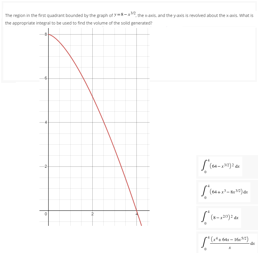 The region in the first quadrant bounded by the graph of y=8-x3/2, the x-axis, and the y-axis is revolved about the x-axis. What is
the appropriate integral to be used to find the volume of the solid generated?
S*(64-x3/2)2 dx
[*(64+ x³ - 8x³/2) dx
4
(8-x2/3)2, dx
0
(x4+64x-16x5/2)
[²(x²+64
X
99
4
2
0
-N
2
dx