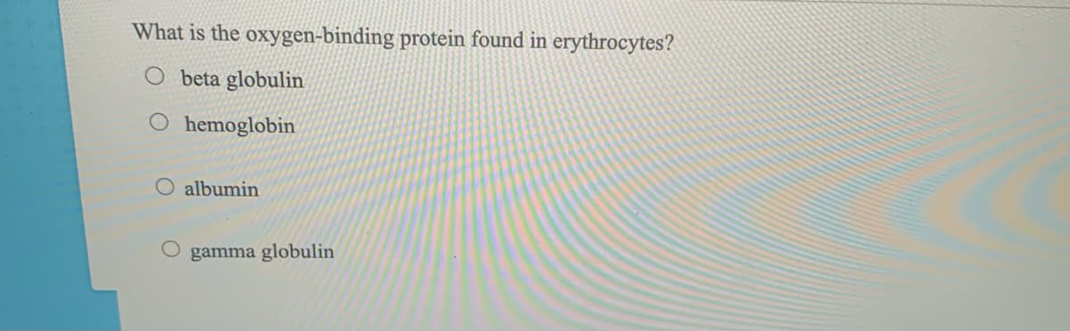 What is the oxygen-binding protein found in erythrocytes?
O beta globulin
hemoglobin
albumin
gamma globulin
