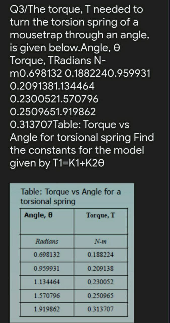 Q3/The torque, T needed to
turn the torsion spring of a
mousetrap through an angle,
is given below.Angle, e
Torque, TRadians N-
m0.698132 0.1882240.959931
0.2091381.134464
0.2300521.570796
0.2509651.919862
0.313707Table: Torque vs
Angle for torsional spring Find
the constants for the model
given by T1=K1+K2O
Table: Torque vs Angle for a
torsional spring
Angle, 8
Torque, T
Radians
N-m
0.698132
0.188224
0.959931
0.209138
1.134464
0.230052
1.570796
0.250965
1.919862
0.313707
