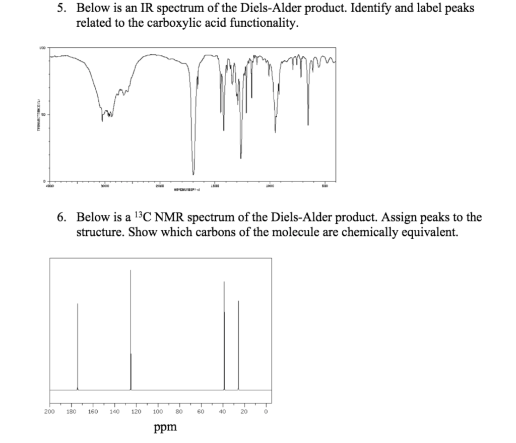 5. Below is an IR spectrum of the Diels-Alder product. Identify and label peaks
related to the carboxylic acid functionality.
1000
VENUBER
6. Below is a 13C NMR spectrum of the Diels-Alder product. Assign peaks to the
equivalent.
structure. Show which carbons of the molecule
200
180
160
140
120
100
80
60
40
20
ppm
