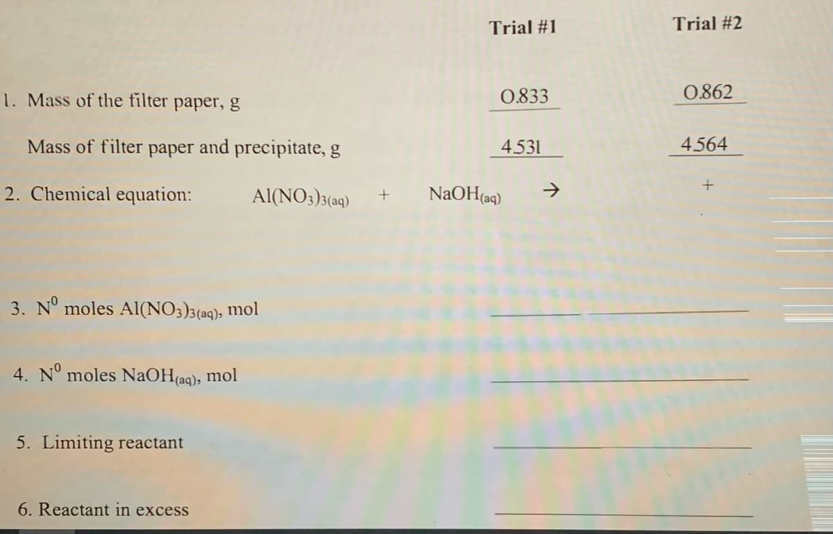 Trial #1
Trial #2
1. Mass of the filter paper, g
0.833
0.62
Mass of filter paper and precipitate, g
4531
4564
2. Chemical equation:
Al(NO3)3(aq)
NaOH(aq)
->
3. N° moles AI(NO3)3(aq), mol
4. N° moles NaOH(aq), mol
5. Limiting reactant
6. Reactant in excess
