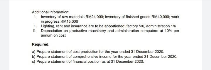 Additional information:
i. Inventory of raw materials RM24,000; inventory of finished goods RM40,000; work
in progress RM15,000
ii. Lighting, rent and insurance are to be apportioned; factory 5/6, administration 1/6
i. Depreciation on productive machinery and administration computers at 10% per
annum on cost
Required:
a) Prepare statement of cost production for the year ended 31 December 2020.
b) Prepare statement of comprehensive income for the year ended 31 December 2020.
c) Prepare statement of financial position as at 31 December 2020.
