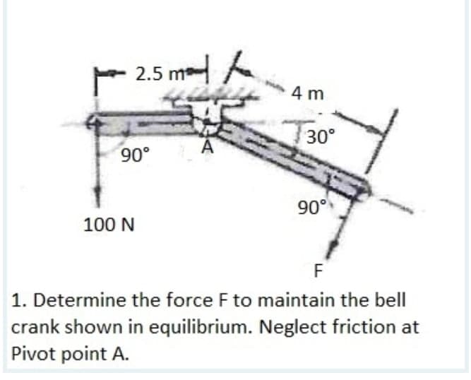 2.5 me A
4 m
30°
90°
90°
100 N
F
1. Determine the force F to maintain the bell
crank shown in equilibrium. Neglect friction at
Pivot point A.
